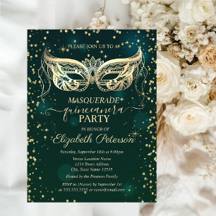 Mask Gold Diamanter Grön Quinceañera Inbjudan Vykort