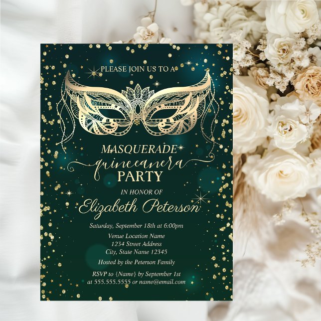 Mask Gold Diamanter Grön Quinceañera Inbjudan Vykort (Skapare uppladdad)