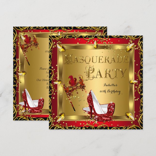Mask High Heel Red Guld Birthday 2 Inbjudningar (Fram/baksida)