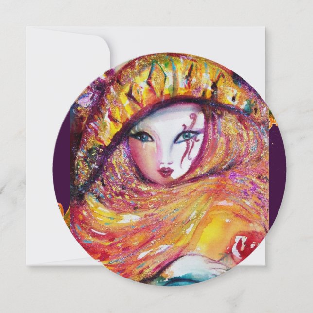 MASK I GUL, MARDI GRAS-FEST red, lila, violett Inbjudningar (Framsida)