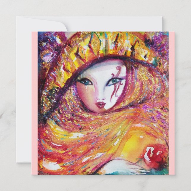 MASK I GULT, MARDI GRAS PARTY lila röd ros (Framsida)