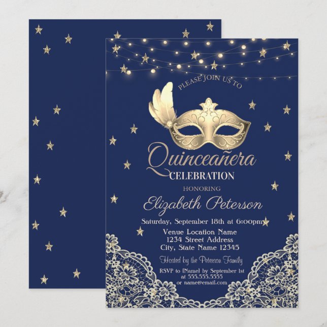 Mask,Ljusslinga,Spets,Stjärnor Quinceañera Inbjudningar (Fram/baksida)