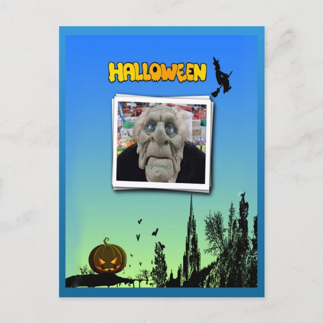 Mask of Old Man, Flying Witch and Jack o Lantern Vykort (Framsida)