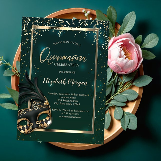 Mask, Ram, Konfetti Grön Quinceañera  Inbjudningar (Skapare uppladdad)