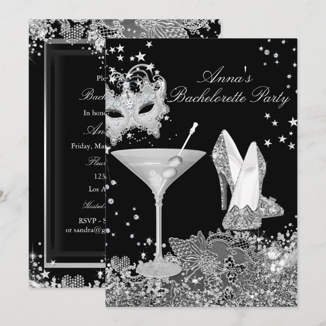 Mask & Silver Jewel Snöre Bachelorette Party Inbju Inbjudningar (Fram/baksida)