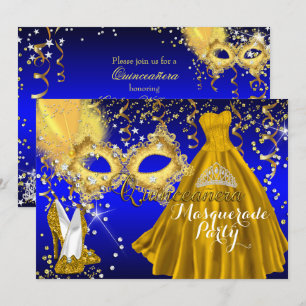 Mask Tiara Maskerad Quinceanera Guld Blå Inbjudningar