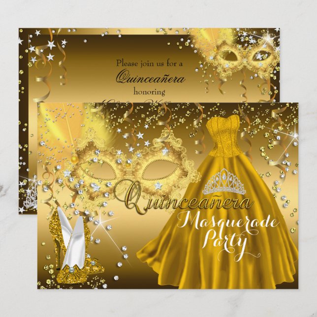 Mask & Tiara Masquerade Quinceanera Guld Inbjudan (Fram/baksida)