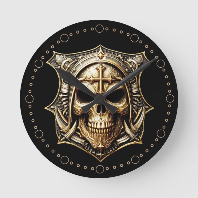 Maske Deathmetal Totenkopf Gold Schild Rund Klocka (Framsida)