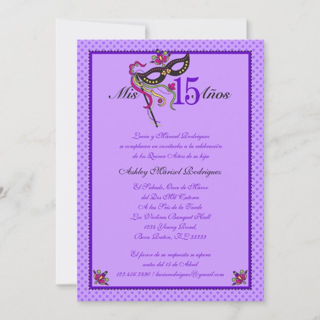 Maskera inbjudan för 15 Quinceañera (Framsida)