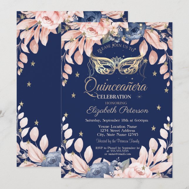 Maskerad,Blå Blommor,Gulda Stjärnor Quinceañera Inbjudningar (Fram/baksida)