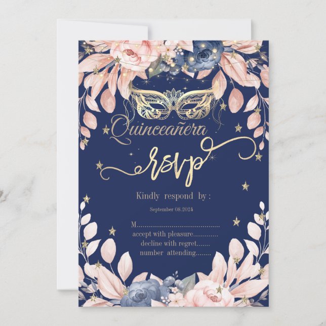 Maskerad,Blå Blommor,Gulda Stjärnor RSVP Inbjudningar (Framsida)