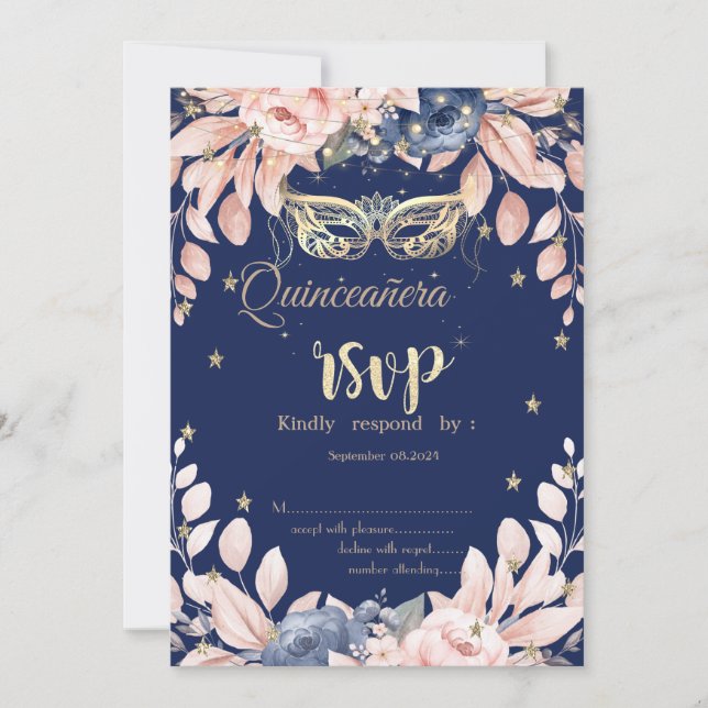 Maskerad,Blå Blommor Stjärnor RSVP Inbjudningar (Framsida)