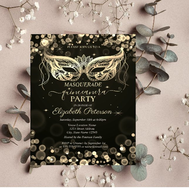 Maskerad Bokeh Mörk Quinceañera Inbjudan Vykort (Skapare uppladdad)