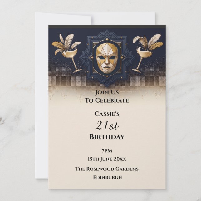Maskerad Cocktail Navy Guld Inbjudningar (Framsida)