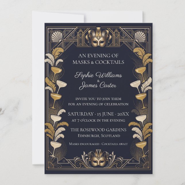 Maskerad Cocktail Navy Guld Inbjudningar (Framsida)