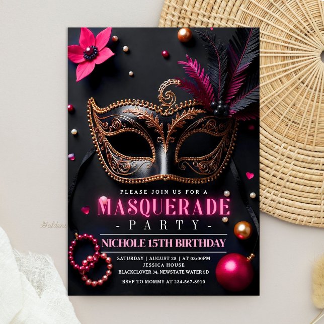 Maskerad Elegant Svart Rosa Fest Inbjudningar (Masquerade Elegant Black Pink Party Invitation)