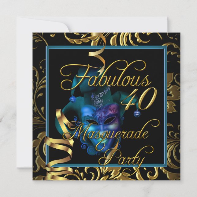 Maskerad Fabulous 40 Guld Blå Födelsedagsfest Inbjudningar (Framsida)