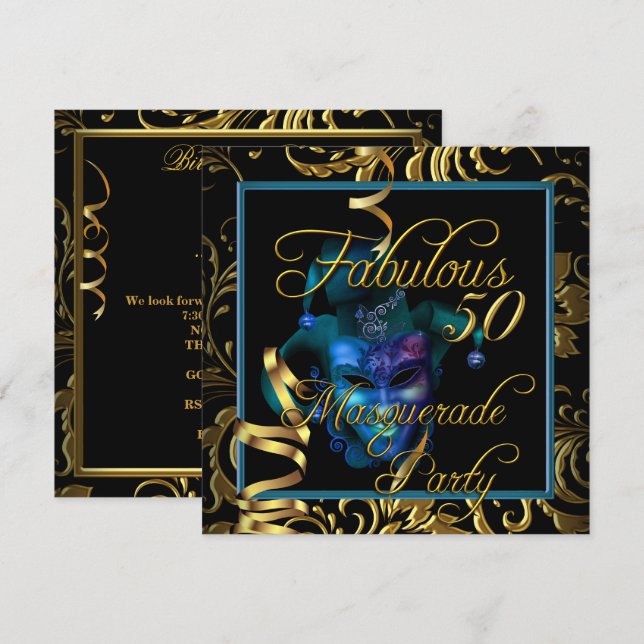 Maskerad Fabulous 50 Guld Blå Födelsedagsfest Inbjudningar (Fram/baksida)