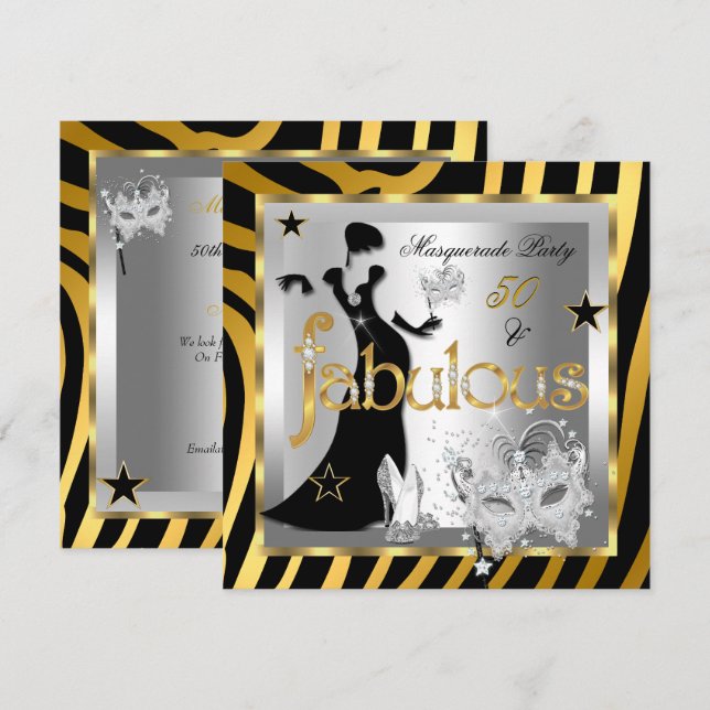 Maskerad Fabulous 50 Sebra Guld Silver Svart 2 Inbjudningar (Fram/baksida)