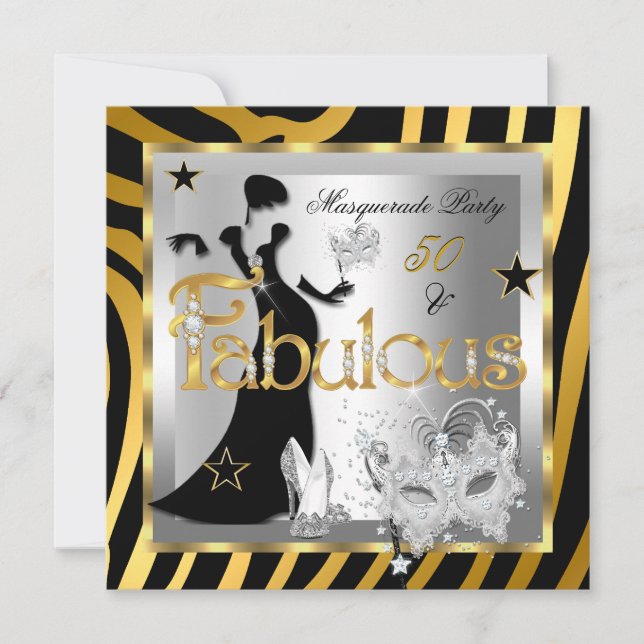 Maskerad Fabulous 50 Sebra Guld Silver Svart Inbjudningar (Framsida)