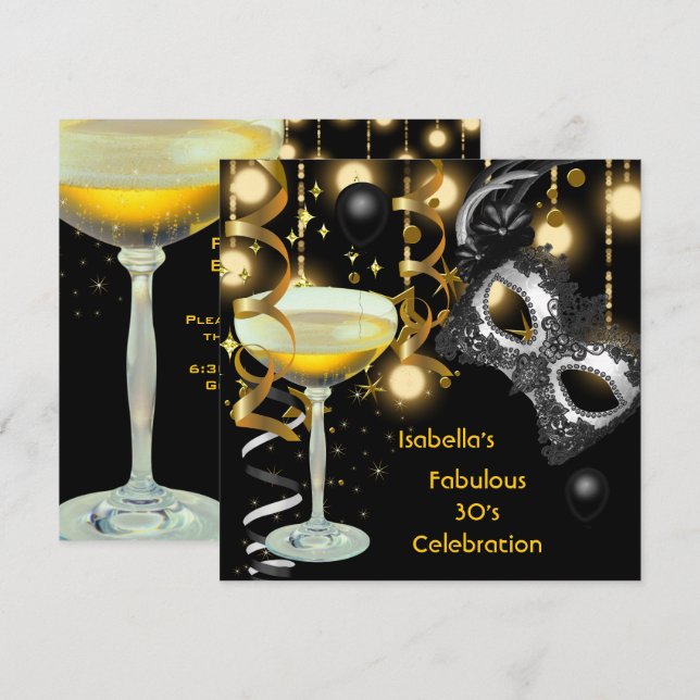 Maskerad Fabulous Mask Guld Ljus Svart Party Inbjudningar (Fram/baksida)