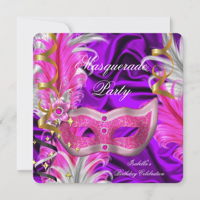 Maskerad Födelsedagsfest Lila Rosa Inbjudningar (Framsida)