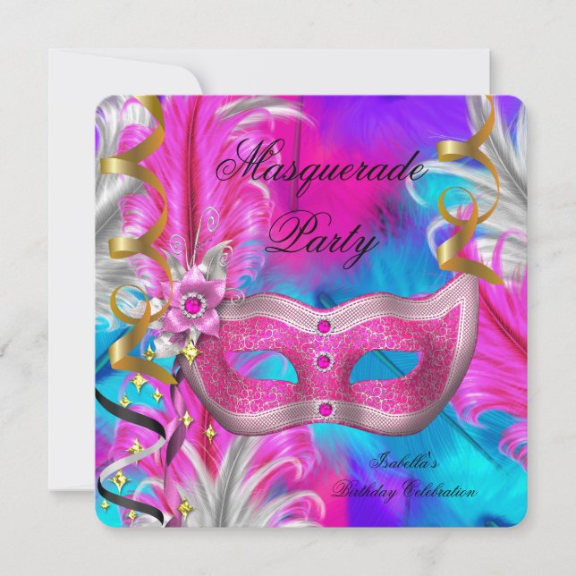 Maskerad Födelsedagsfest Teal Lila Rosa Inbjudningar (Framsida)