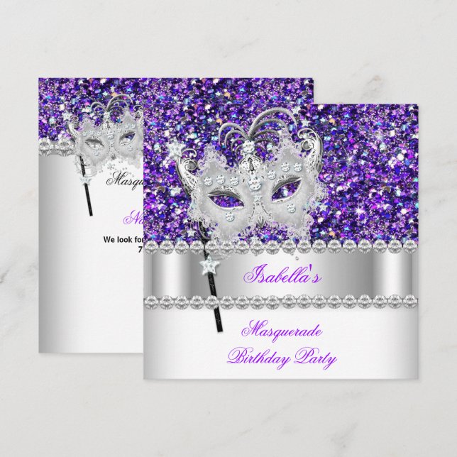 Maskerad Glitter Lila Diamantmask Födelsedag 2 Inbjudningar (Fram/baksida)