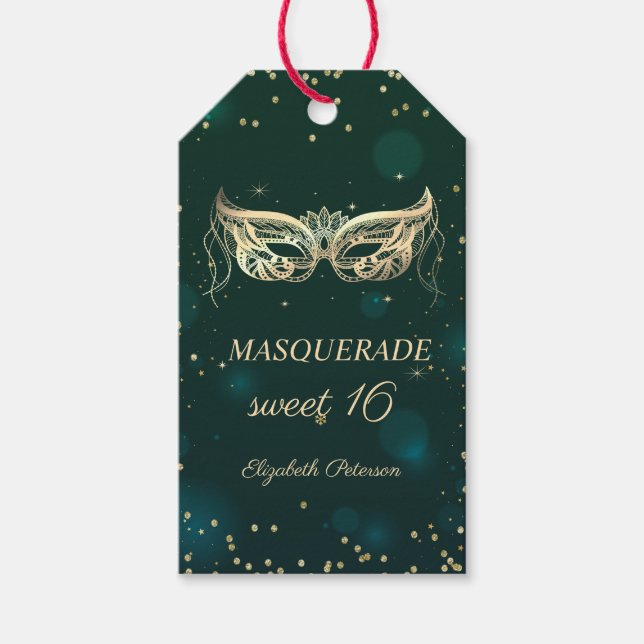 Maskerad Guld Diamanter Grön Sweet 16 Presentetikett (Framsidan)