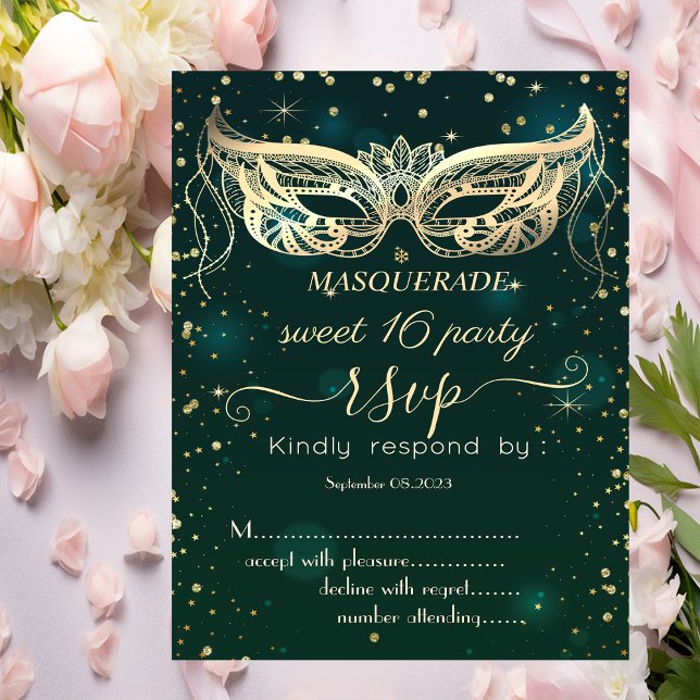 Maskerad Guld Diamanter Grön Sweet 16 RSVP Inbjudningar (Skapare uppladdad)