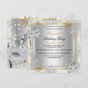Maskerad Guld Snöflingor Silver Masker Party 2 Inbjudningar