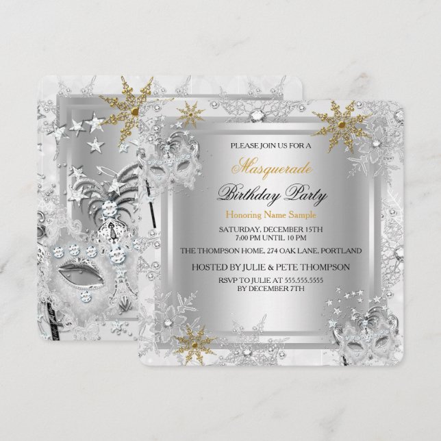 Maskerad Guld Snöflingor Silver Masker Party Inbjudningar (Fram/baksida)