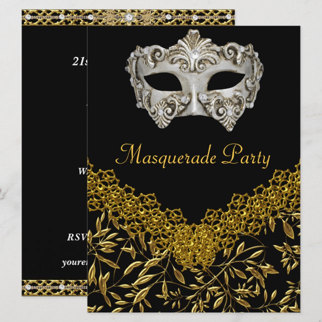 Maskerad Guld Svart Het Glamour Födelsedagsfest Inbjudningar (Fram/baksida)