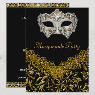 Maskerad Guld Svart Het Glamour Födelsedagsfest Inbjudningar
