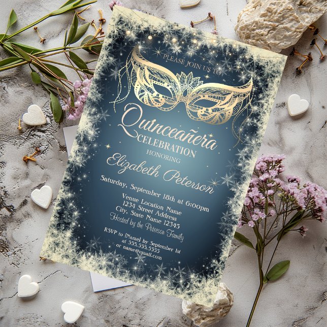 Maskerad, Guldmask Snöflingor Quinceañera Inbjudningar (Skapare uppladdad)