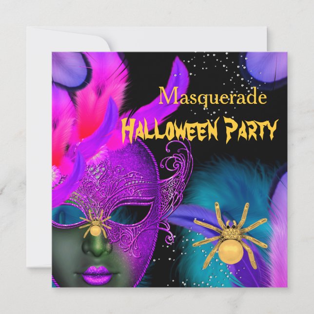 Maskerad Halloweenfest Rosa Teal Masker Spindel Inbjudningar (Framsida)
