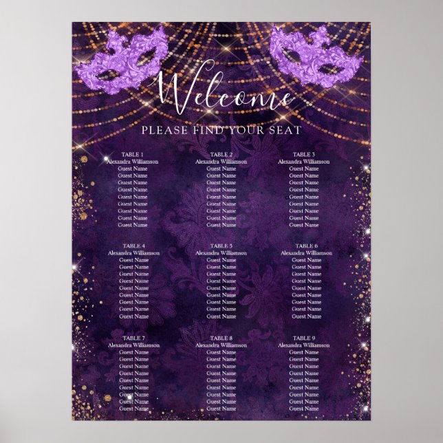 Maskerad lila glitter 9 bord placeringskarta poster (Framsidan)