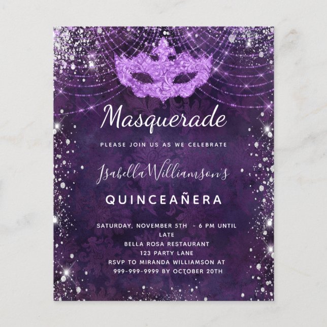 Maskerad lila Quinceanera budgetinbjudan Flygblad (Framsidan)