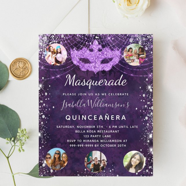 Maskerad lila Quinceanera budgetinbjudan Flygblad (Skapare uppladdad)