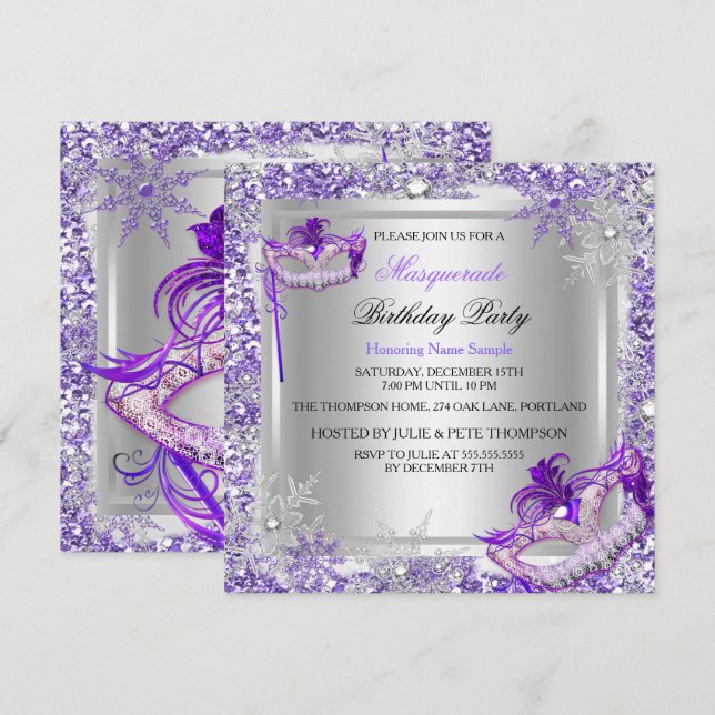 Maskerad Lila Silver Snöflingor Masker Party Inbjudningar (Fram/baksida)