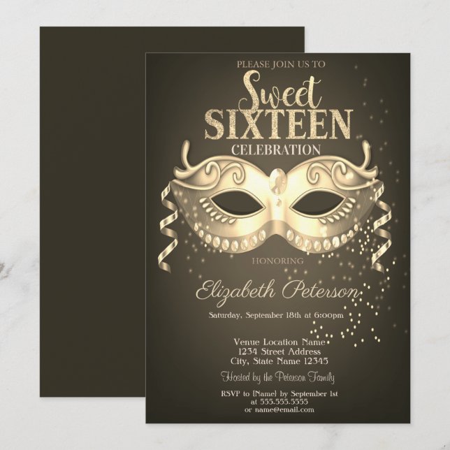 Maskerad,Mask,Konfetti Sweet 16 Guld Inbjudningar (Fram/baksida)