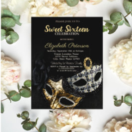 Maskerad,Masque,Svart,Konfetti Sweet 16 Inbjudningar