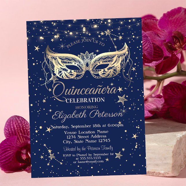 Maskerad, Navy Blue Stars  Quinceañera Inbjudningar (Skapare uppladdad)