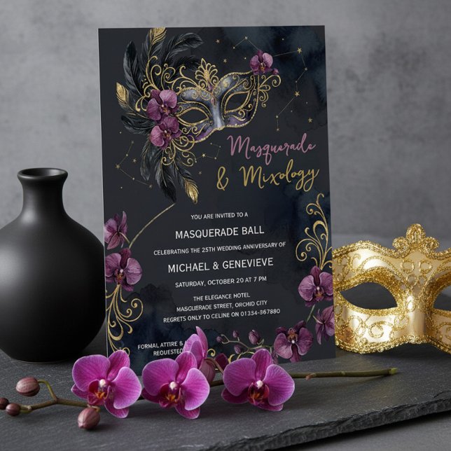Maskerad och Mixology Halloween Cocktail Party Inbjudningar (Masquerade & Mixology, masked cocktail ball invitation by Darling & May (printed or digital))