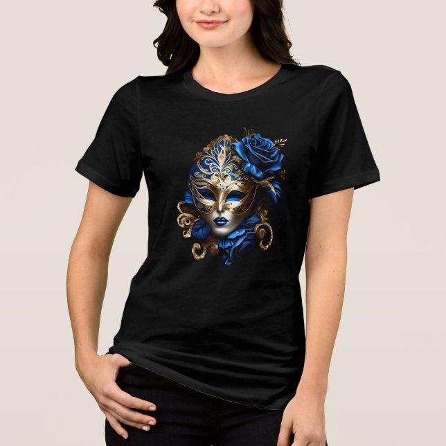 Maskerad ögonmask blå guld fjädrar venetiansk  t shirt (Framsida)