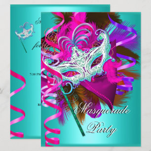Maskerad Parti Mask Teal Rosa Metallisk Inbjudningar