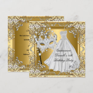 Maskerad Quinceanera 15-årsdag Mask Guld 2 Inbjudningar