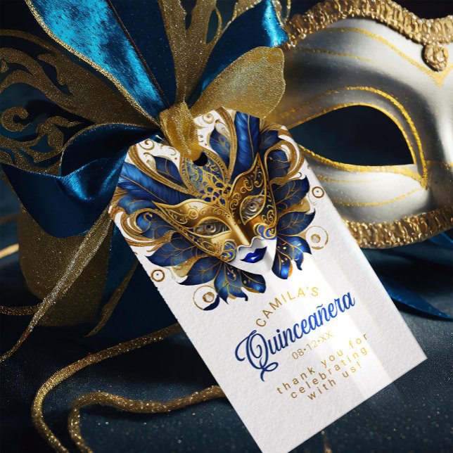 Maskerad Quinceanera Blå Guld ID1031 Presentetikett (Skapare uppladdad)