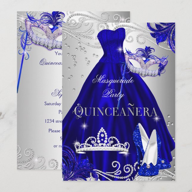 Maskerad Quinceanera Blå Silverklänning Höga klack Inbjudningar (Fram/baksida)