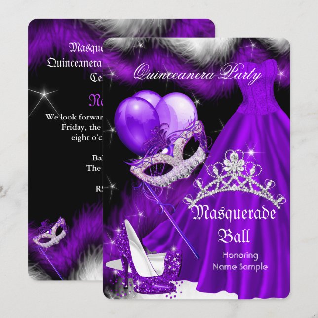 Maskerad Quinceanera Lila Svart Fjäder 2a Inbjudningar (Fram/baksida)
